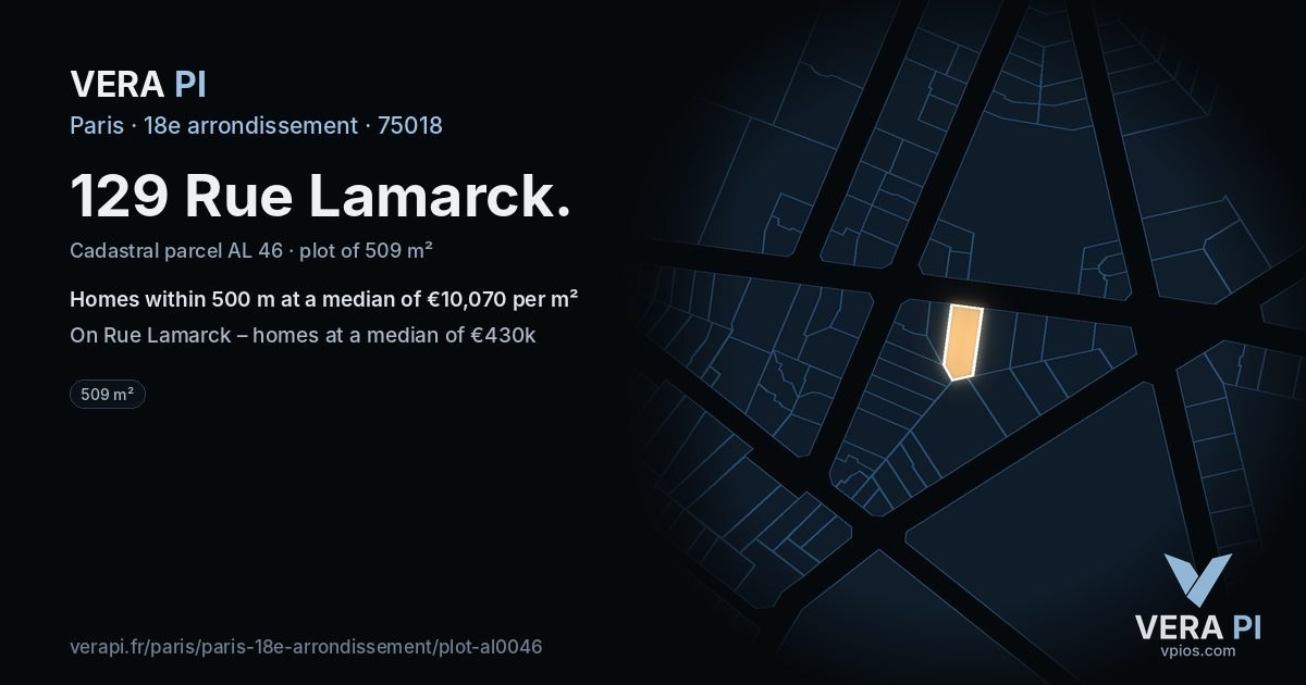 129 Rue Lamarck, 18e arrondissement at night – the plot lit, the parcels around coloured by the prices near them