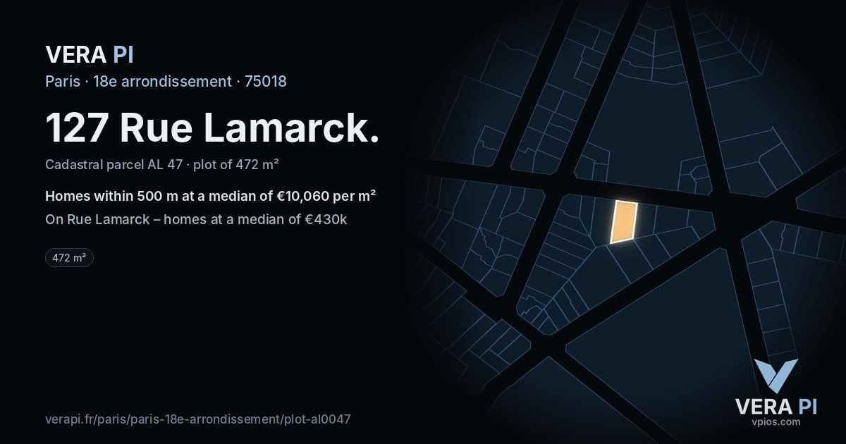 127 Rue Lamarck, 18e arrondissement at night – the plot lit, the parcels around coloured by the prices near them