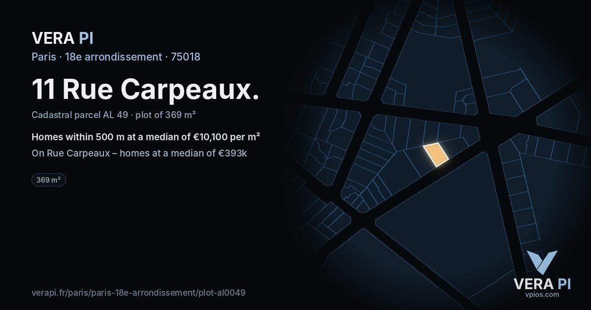 11 Rue Carpeaux, 18e arrondissement at night – the plot lit, the parcels around coloured by the prices near them