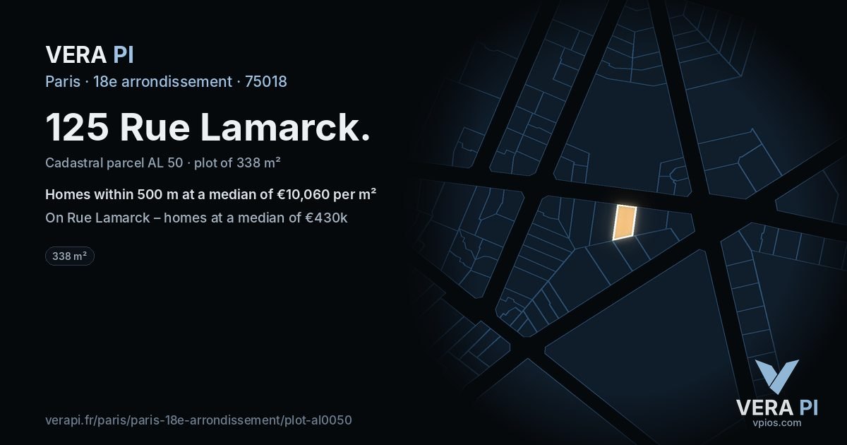 125 Rue Lamarck, 18e arrondissement at night – the plot lit, the parcels around coloured by the prices near them