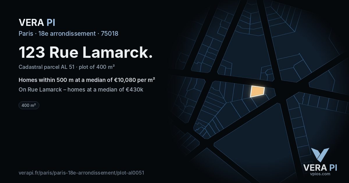 123 Rue Lamarck, 18e arrondissement at night – the plot lit, the parcels around coloured by the prices near them