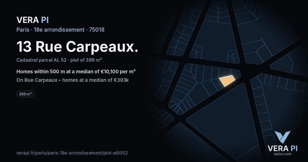 13 Rue Carpeaux, 18e arrondissement at night – the plot lit, the parcels around coloured by the prices near them