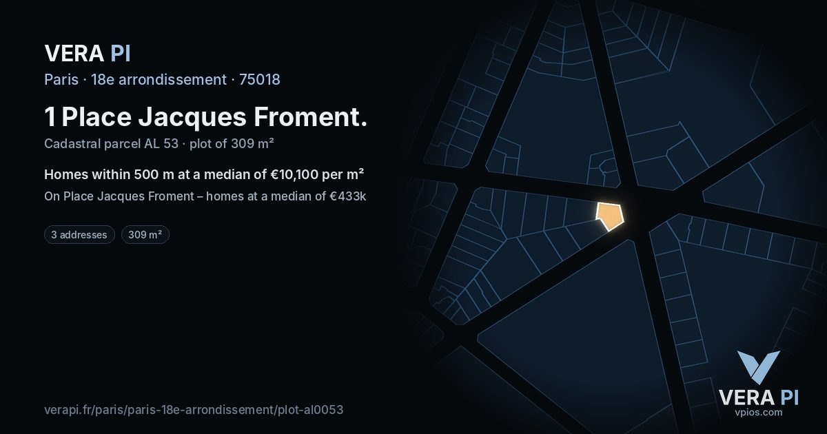 1 Place Jacques Froment, 18e arrondissement at night – the plot lit, the parcels around coloured by the prices near them