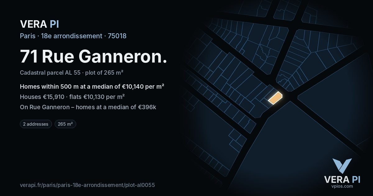71 Rue Ganneron, 18e arrondissement at night – the plot lit, the parcels around coloured by the prices near them