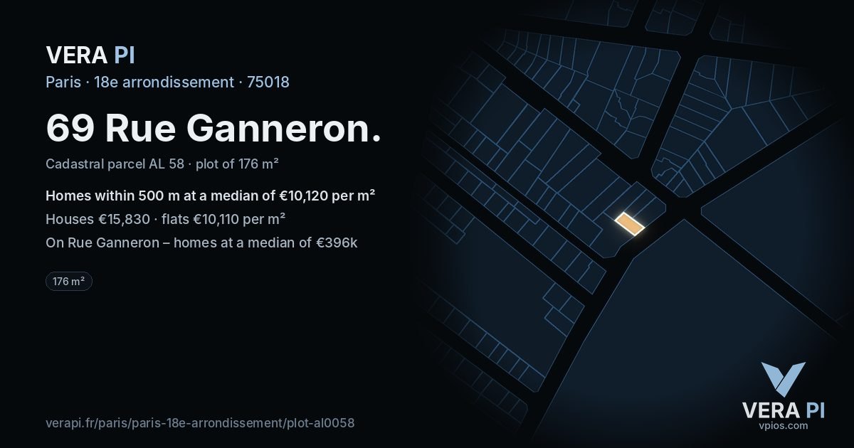 69 Rue Ganneron, 18e arrondissement at night – the plot lit, the parcels around coloured by the prices near them