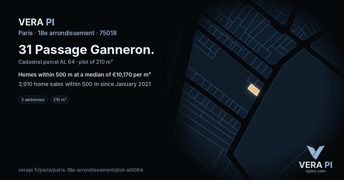 31 Passage Ganneron, 18e arrondissement at night – the plot lit, the parcels around coloured by the prices near them