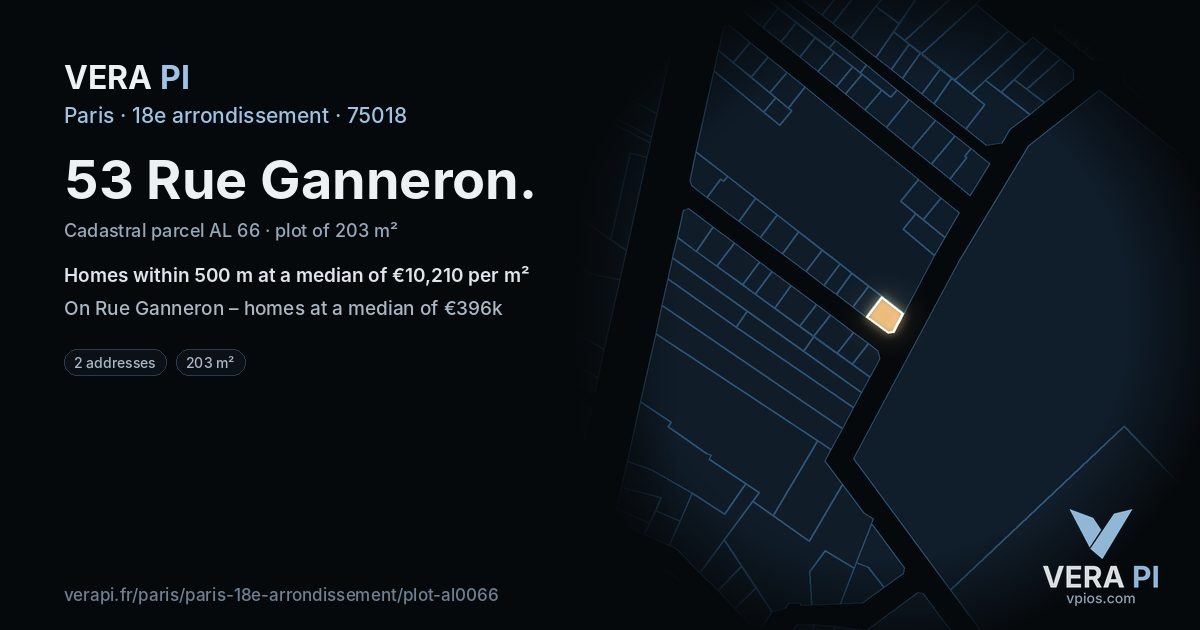 53 Rue Ganneron, 18e arrondissement at night – the plot lit, the parcels around coloured by the prices near them