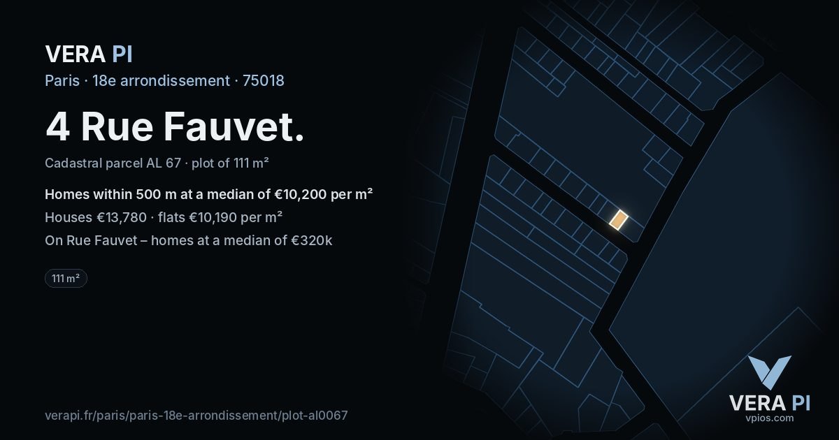 4 Rue Fauvet, 18e arrondissement at night – the plot lit, the parcels around coloured by the prices near them