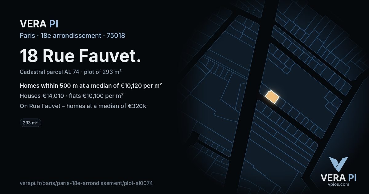 18 Rue Fauvet, 18e arrondissement at night – the plot lit, the parcels around coloured by the prices near them