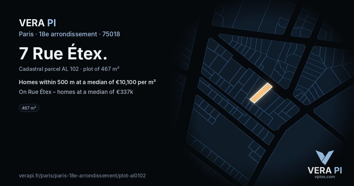 7 Rue Étex, 18e arrondissement at night – the plot lit, the parcels around coloured by the prices near them