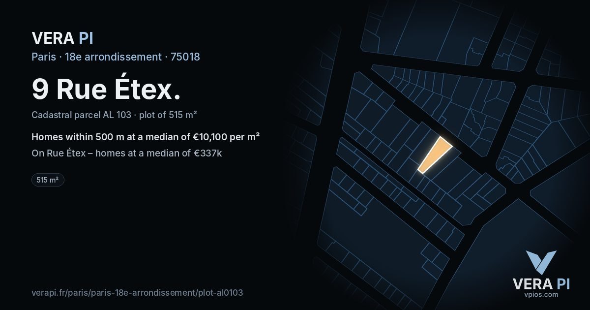 9 Rue Étex, 18e arrondissement at night – the plot lit, the parcels around coloured by the prices near them
