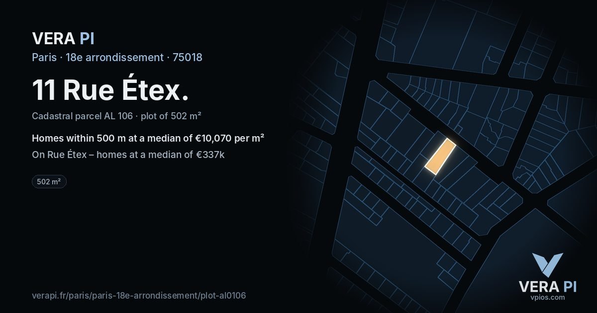 11 Rue Étex, 18e arrondissement at night – the plot lit, the parcels around coloured by the prices near them