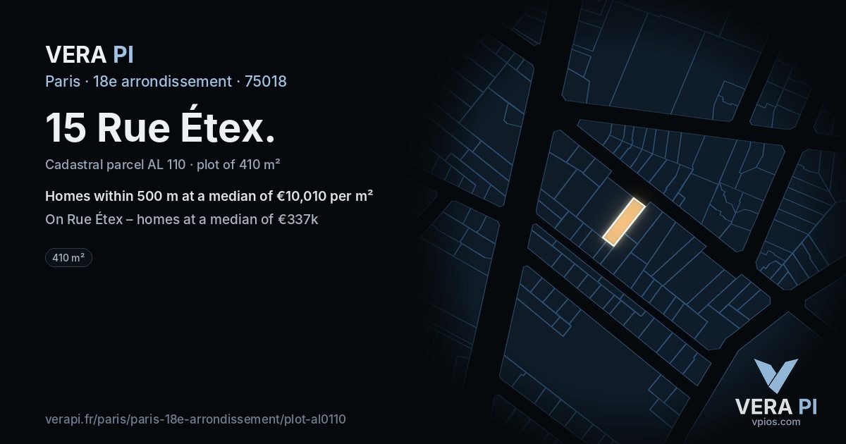 15 Rue Étex, 18e arrondissement at night – the plot lit, the parcels around coloured by the prices near them
