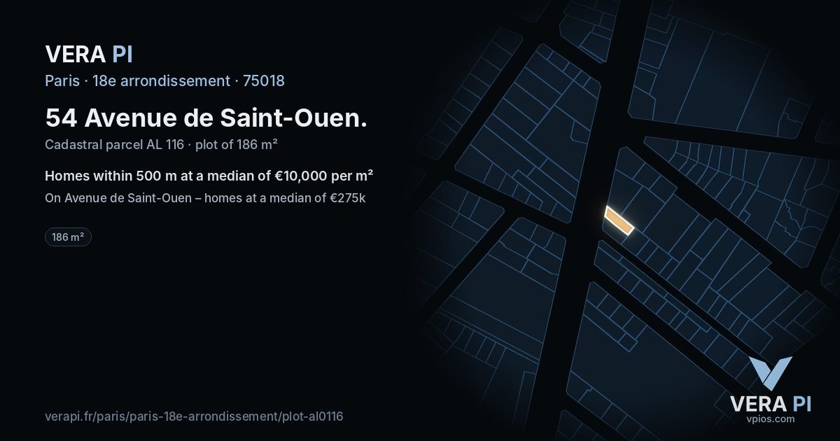 54 Avenue de Saint-Ouen, 18e arrondissement at night – the plot lit, the parcels around coloured by the prices near them