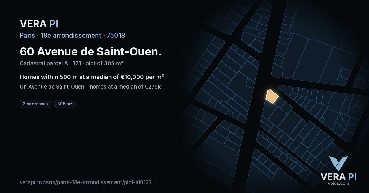 60 Avenue de Saint-Ouen, 18e arrondissement at night – the plot lit, the parcels around coloured by the prices near them