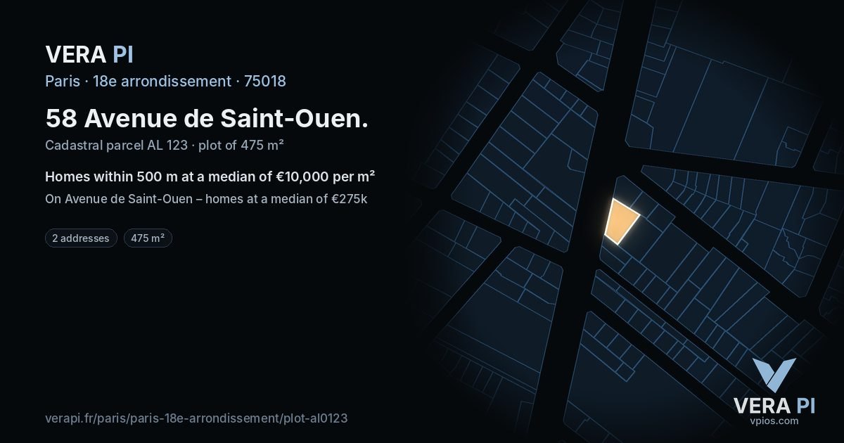 58 Avenue de Saint-Ouen, 18e arrondissement at night – the plot lit, the parcels around coloured by the prices near them