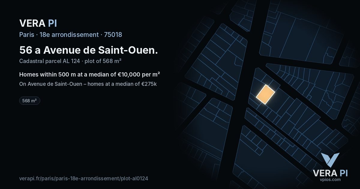56 a Avenue de Saint-Ouen, 18e arrondissement at night – the plot lit, the parcels around coloured by the prices near them