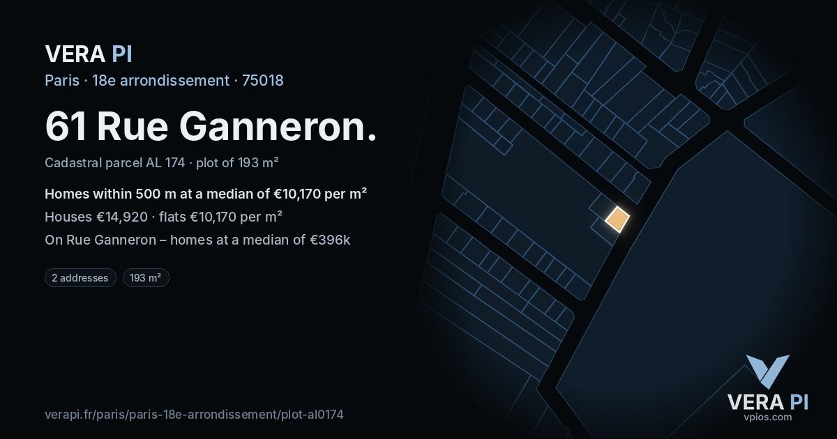 61 Rue Ganneron, 18e arrondissement at night – the plot lit, the parcels around coloured by the prices near them
