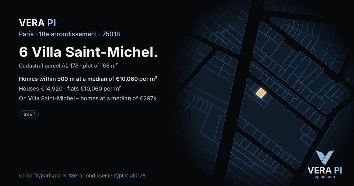 6 Villa Saint-Michel, 18e arrondissement at night – the plot lit, the parcels around coloured by the prices near them