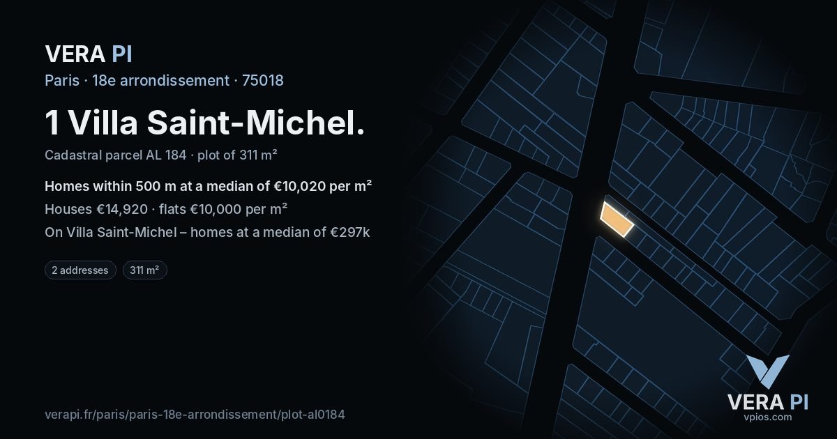 1 Villa Saint-Michel, 18e arrondissement at night – the plot lit, the parcels around coloured by the prices near them