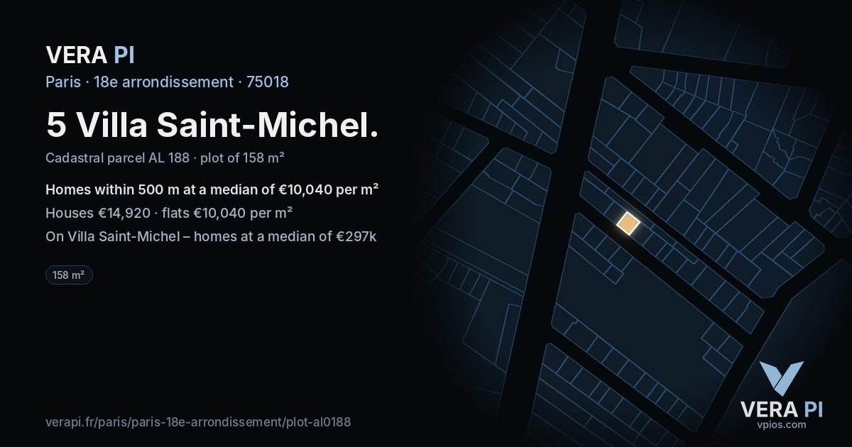 5 Villa Saint-Michel, 18e arrondissement at night – the plot lit, the parcels around coloured by the prices near them