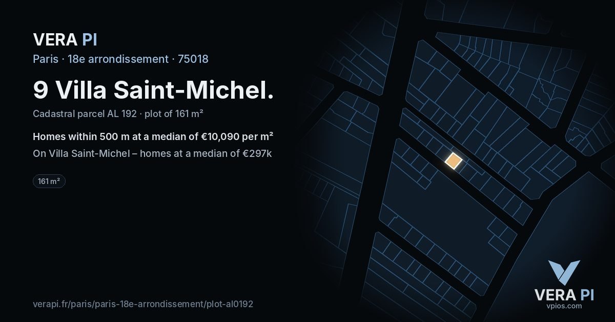 9 Villa Saint-Michel, 18e arrondissement at night – the plot lit, the parcels around coloured by the prices near them