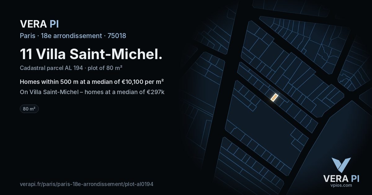 11 Villa Saint-Michel, 18e arrondissement at night – the plot lit, the parcels around coloured by the prices near them