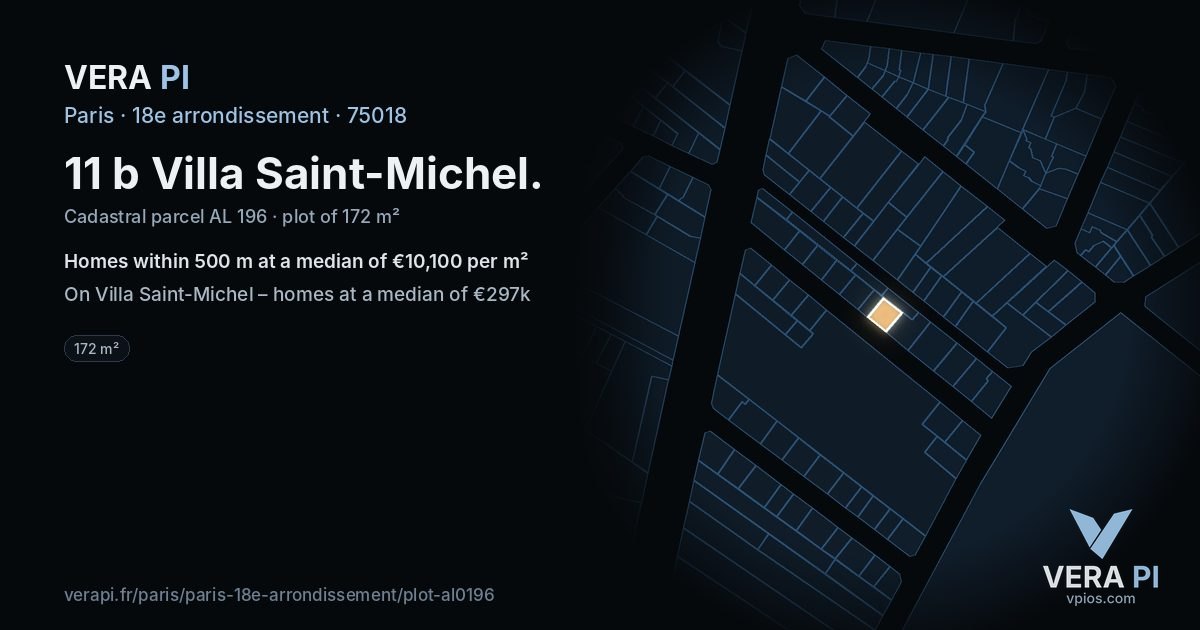 11 b Villa Saint-Michel, 18e arrondissement at night – the plot lit, the parcels around coloured by the prices near them