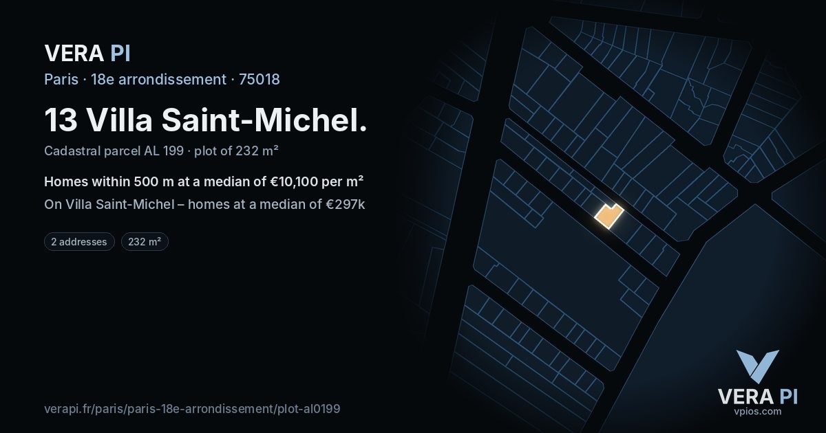 13 Villa Saint-Michel, 18e arrondissement at night – the plot lit, the parcels around coloured by the prices near them