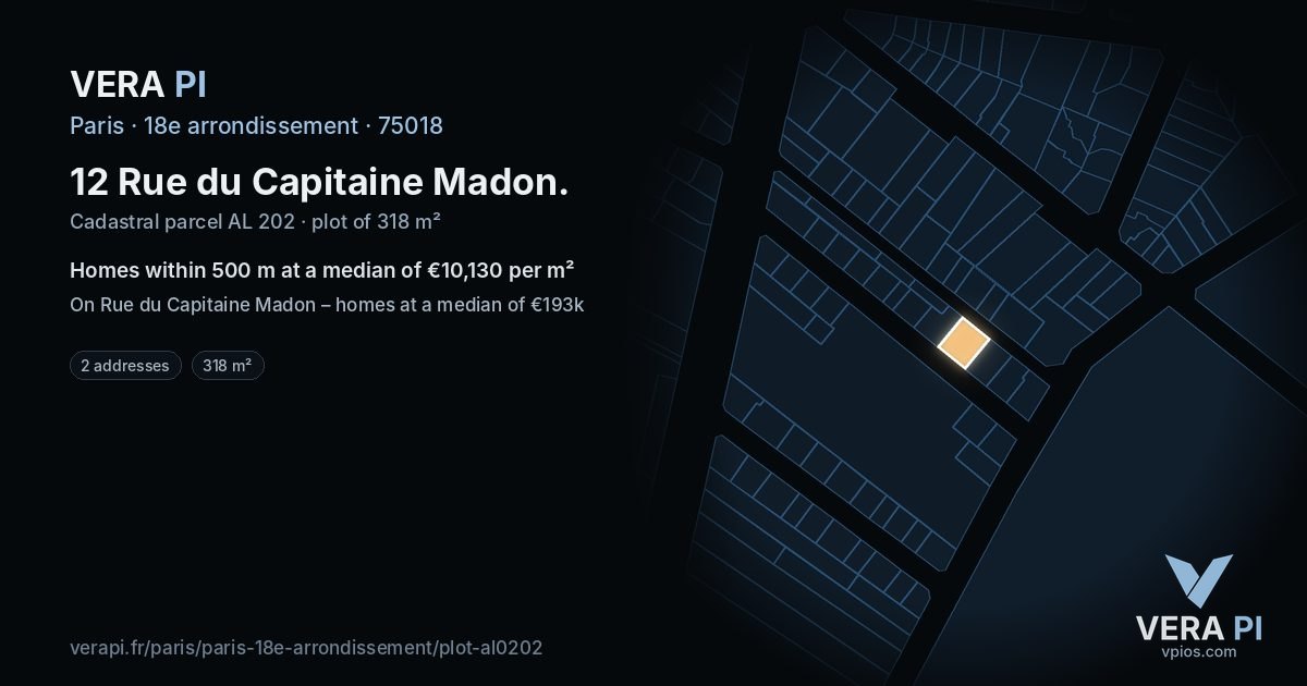 12 Rue du Capitaine Madon, 18e arrondissement at night – the plot lit, the parcels around coloured by the prices near them
