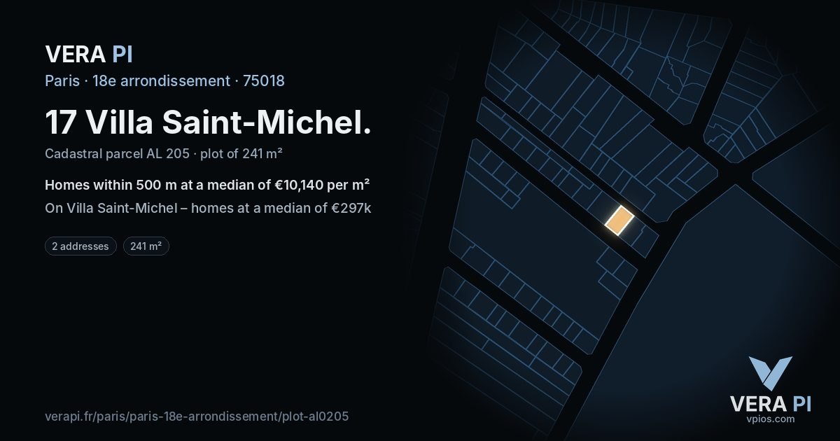 17 Villa Saint-Michel, 18e arrondissement at night – the plot lit, the parcels around coloured by the prices near them