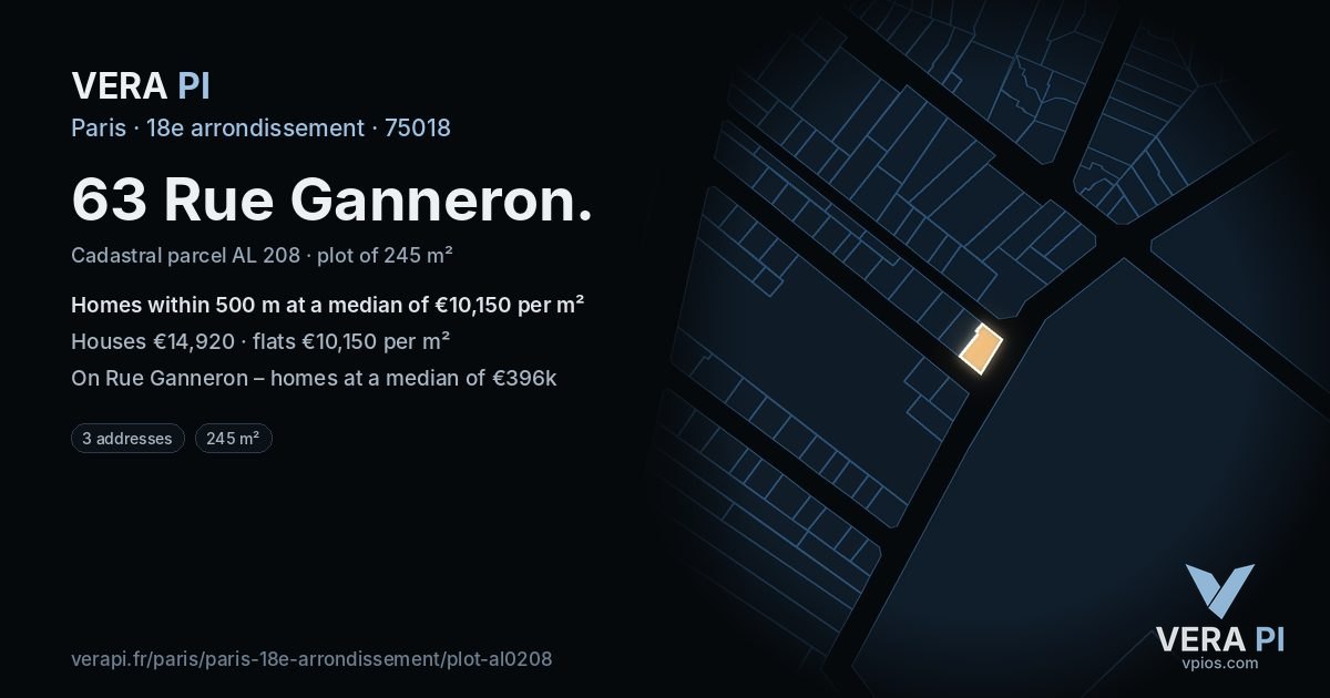 63 Rue Ganneron, 18e arrondissement at night – the plot lit, the parcels around coloured by the prices near them