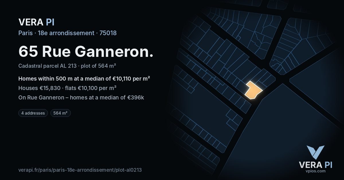 65 Rue Ganneron, 18e arrondissement at night – the plot lit, the parcels around coloured by the prices near them