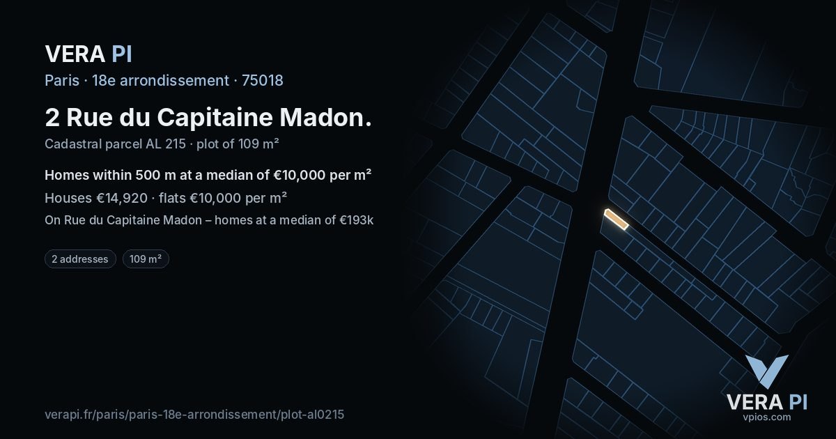 2 Rue du Capitaine Madon, 18e arrondissement at night – the plot lit, the parcels around coloured by the prices near them