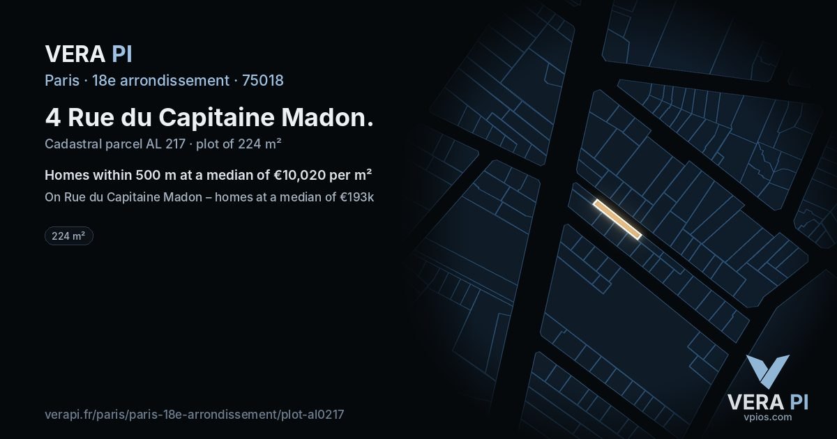 4 Rue du Capitaine Madon, 18e arrondissement at night – the plot lit, the parcels around coloured by the prices near them