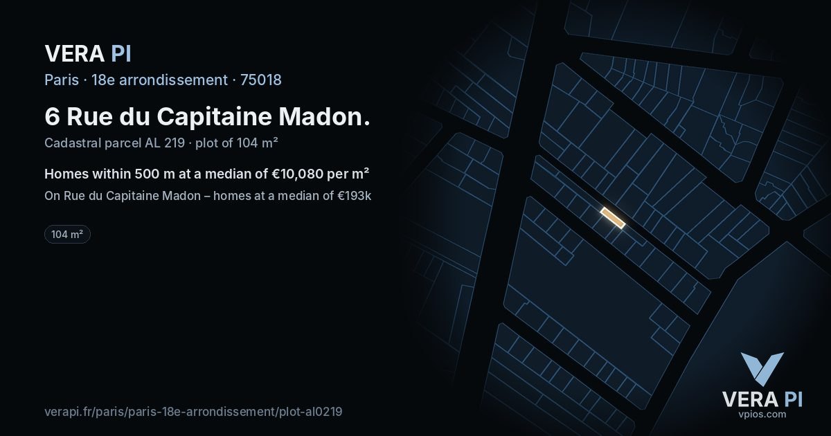 6 Rue du Capitaine Madon, 18e arrondissement at night – the plot lit, the parcels around coloured by the prices near them