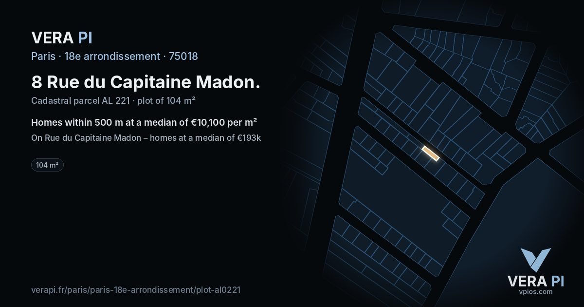 8 Rue du Capitaine Madon, 18e arrondissement at night – the plot lit, the parcels around coloured by the prices near them