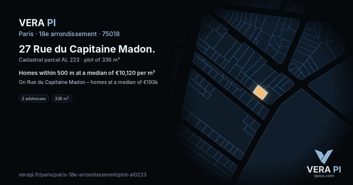 27 Rue du Capitaine Madon, 18e arrondissement at night – the plot lit, the parcels around coloured by the prices near them