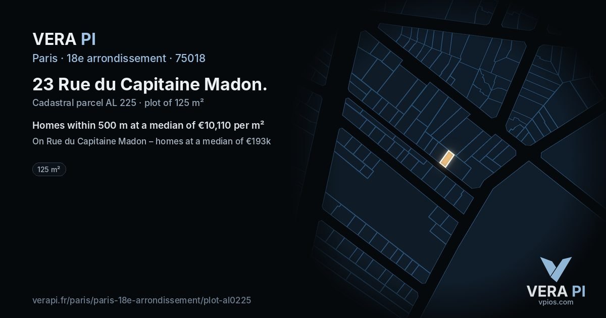 23 Rue du Capitaine Madon, 18e arrondissement at night – the plot lit, the parcels around coloured by the prices near them