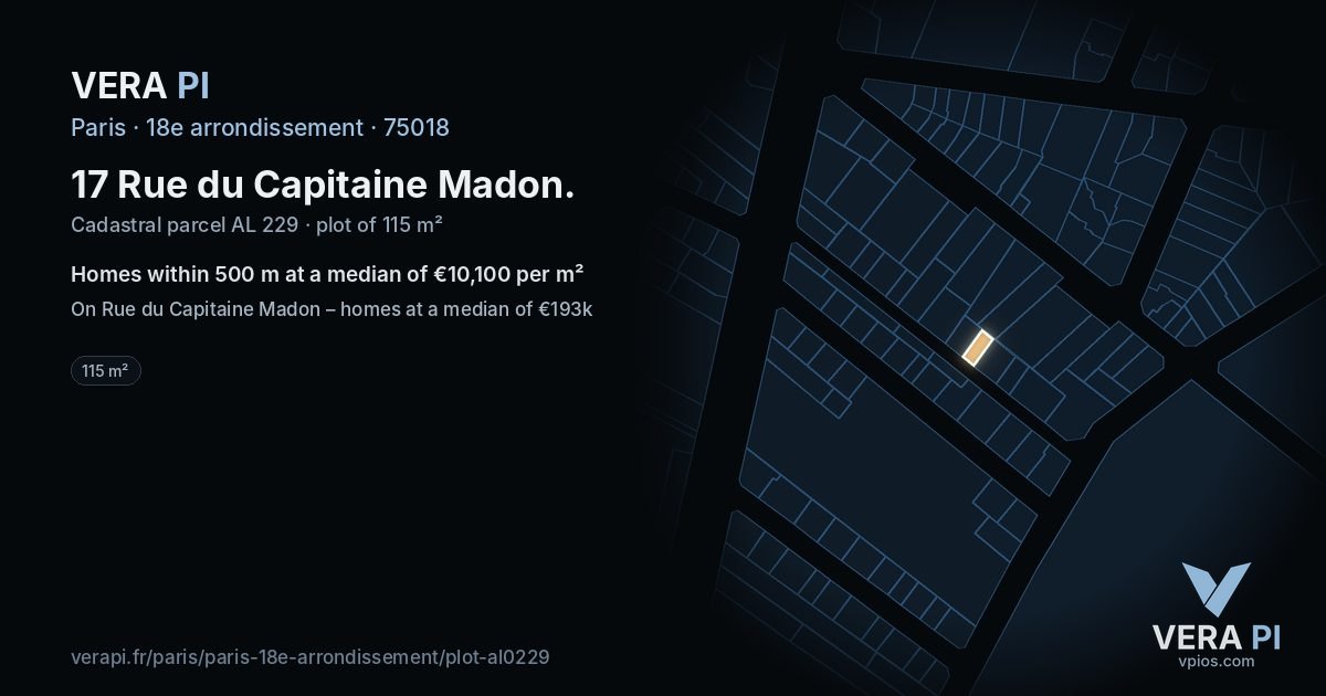 17 Rue du Capitaine Madon, 18e arrondissement at night – the plot lit, the parcels around coloured by the prices near them