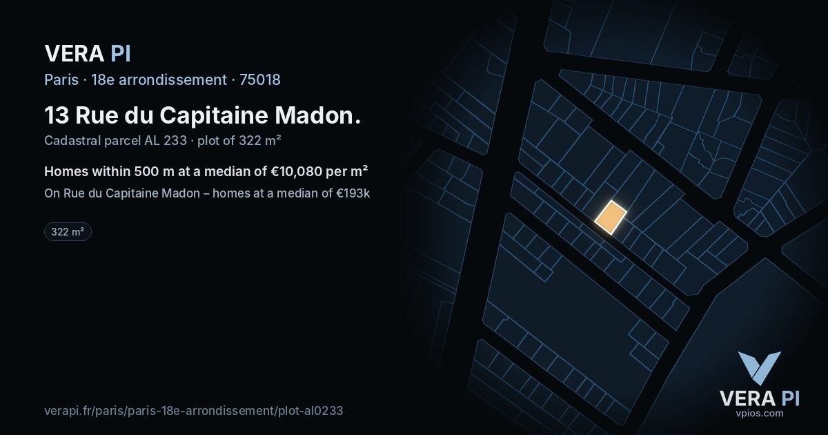 13 Rue du Capitaine Madon, 18e arrondissement at night – the plot lit, the parcels around coloured by the prices near them