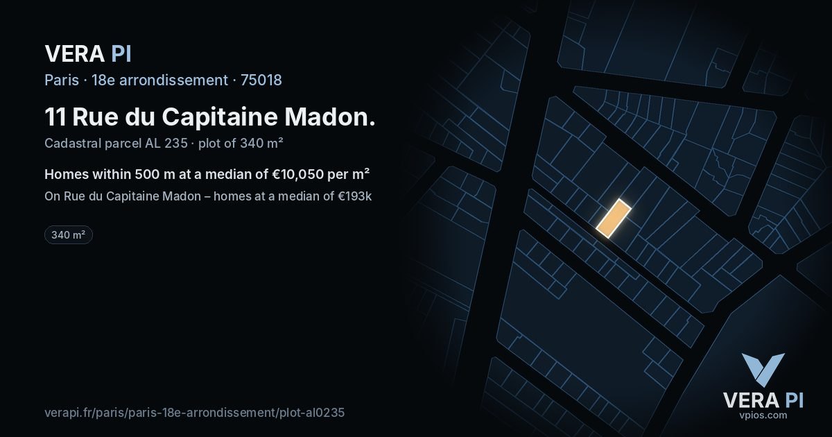 11 Rue du Capitaine Madon, 18e arrondissement at night – the plot lit, the parcels around coloured by the prices near them