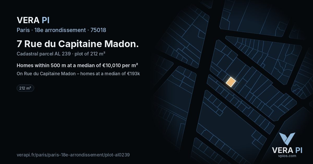 7 Rue du Capitaine Madon, 18e arrondissement at night – the plot lit, the parcels around coloured by the prices near them