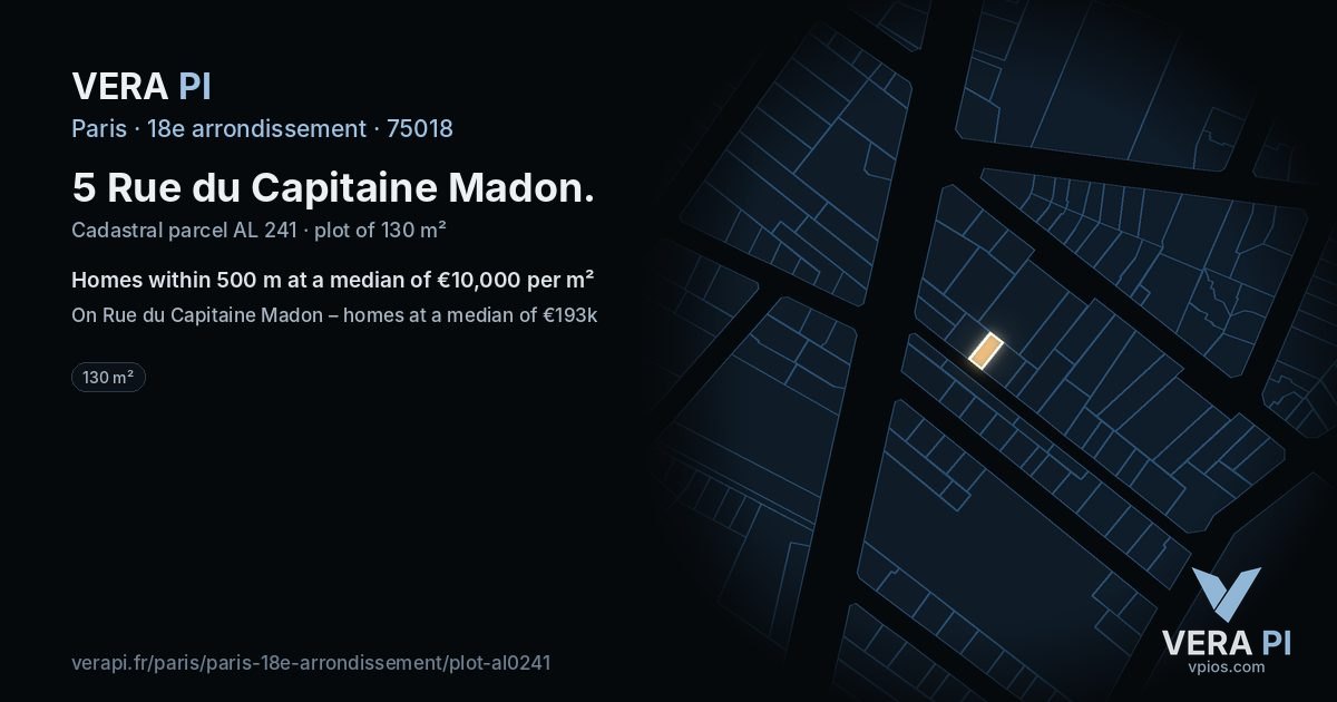 5 Rue du Capitaine Madon, 18e arrondissement at night – the plot lit, the parcels around coloured by the prices near them