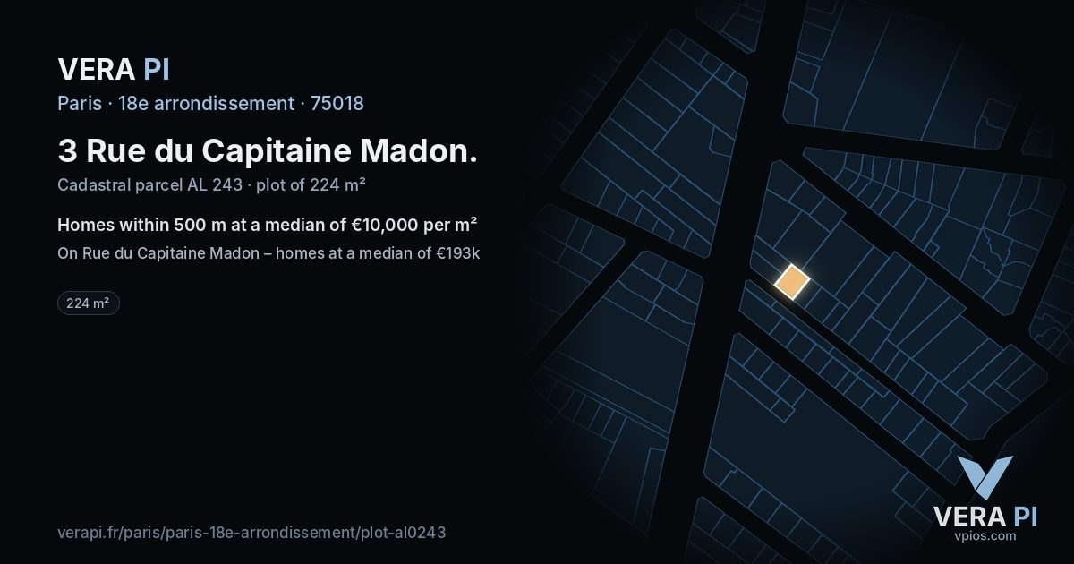 3 Rue du Capitaine Madon, 18e arrondissement at night – the plot lit, the parcels around coloured by the prices near them
