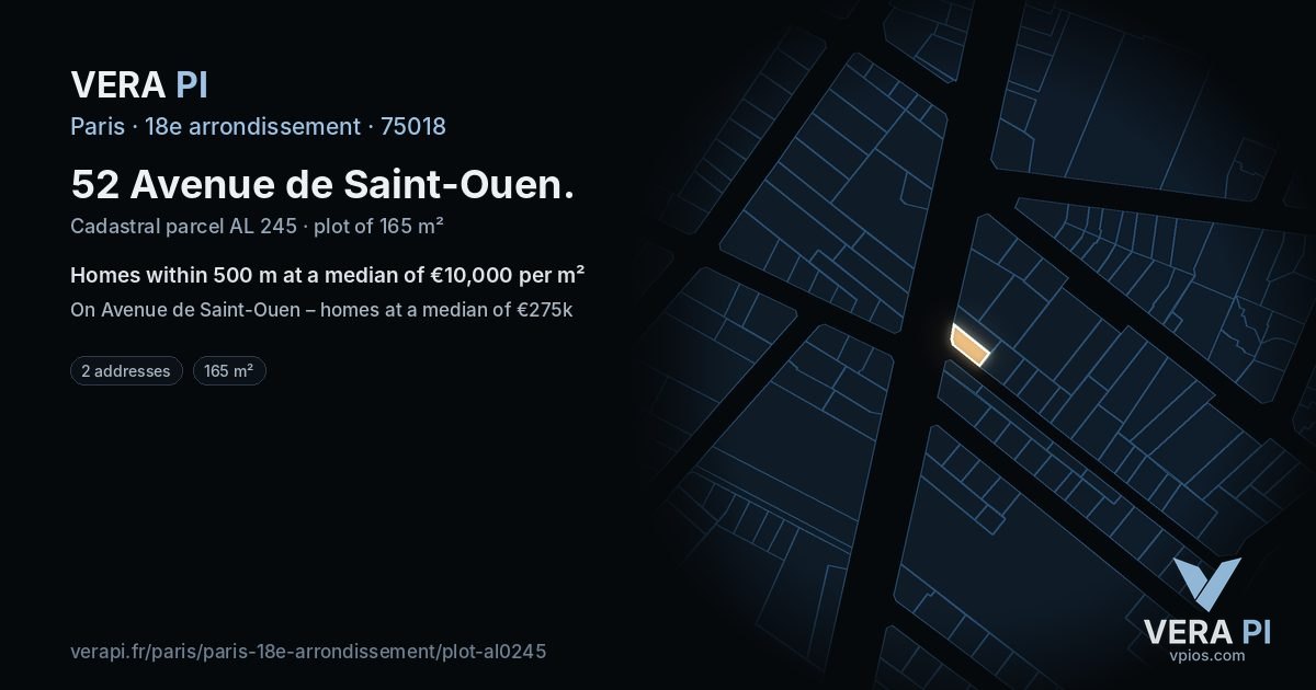 52 Avenue de Saint-Ouen, 18e arrondissement at night – the plot lit, the parcels around coloured by the prices near them