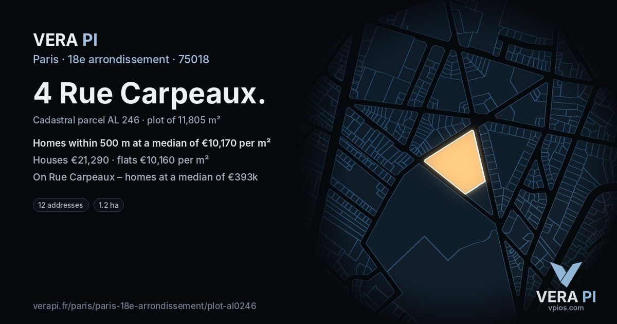 4 Rue Carpeaux, 18e arrondissement at night – the plot lit, the parcels around coloured by the prices near them