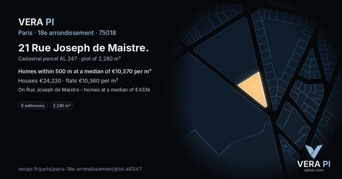 21 Rue Joseph de Maistre, 18e arrondissement at night – the plot lit, the parcels around coloured by the prices near them