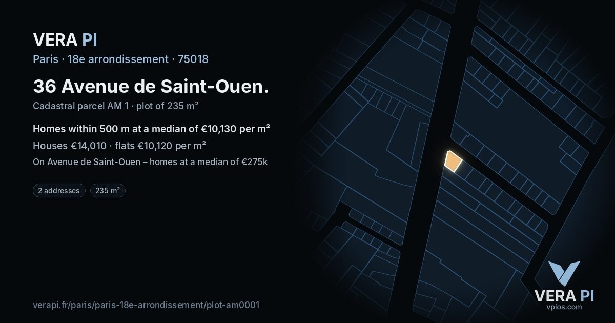 36 Avenue de Saint-Ouen, 18e arrondissement at night – the plot lit, the parcels around coloured by the prices near them