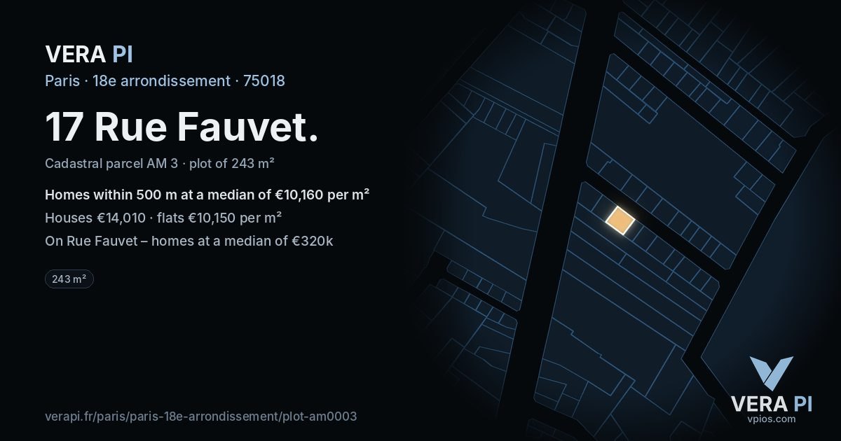 17 Rue Fauvet, 18e arrondissement at night – the plot lit, the parcels around coloured by the prices near them